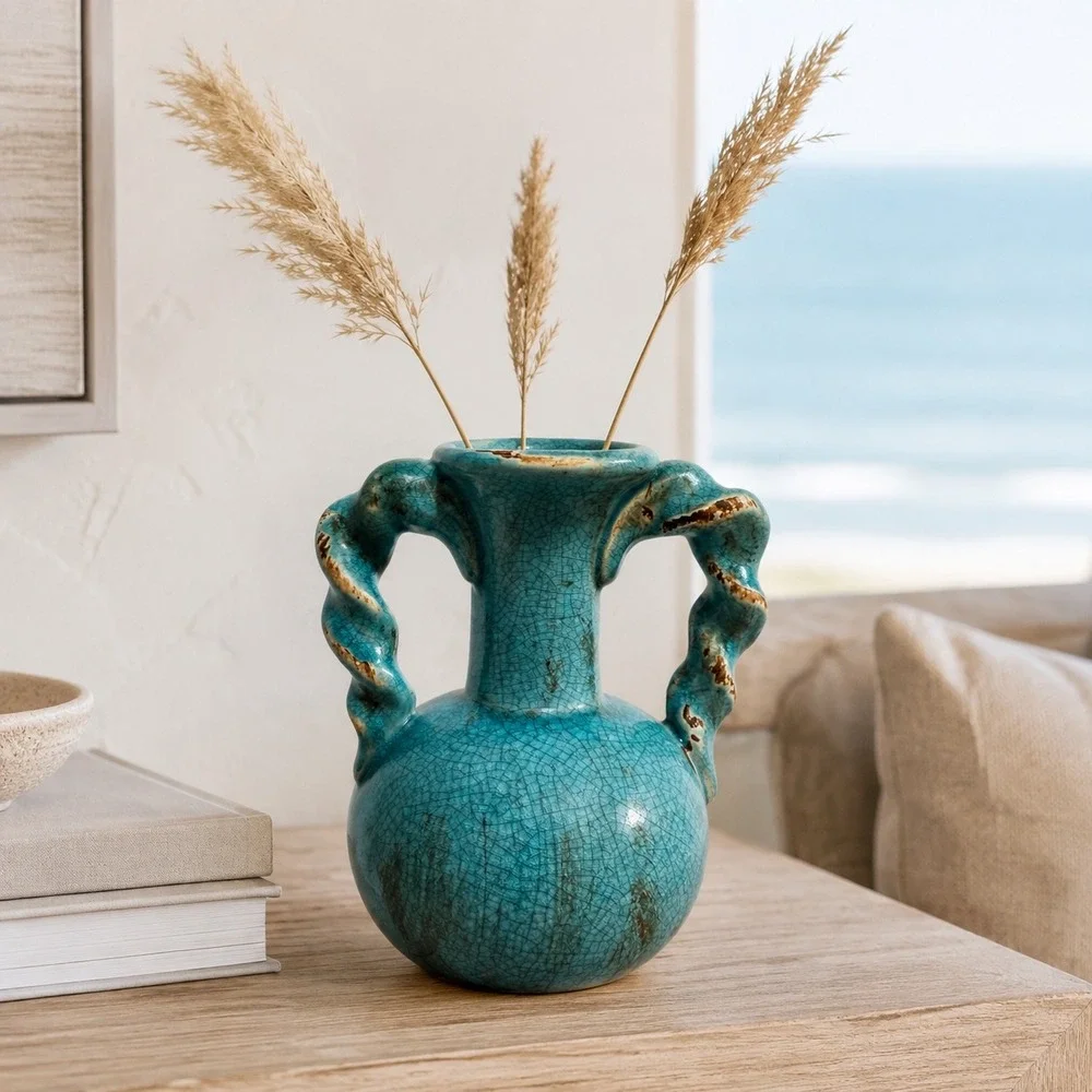 Turquoise Crackle Glaze Amphora Vase Twisted Handles Mediterranean Decor 7